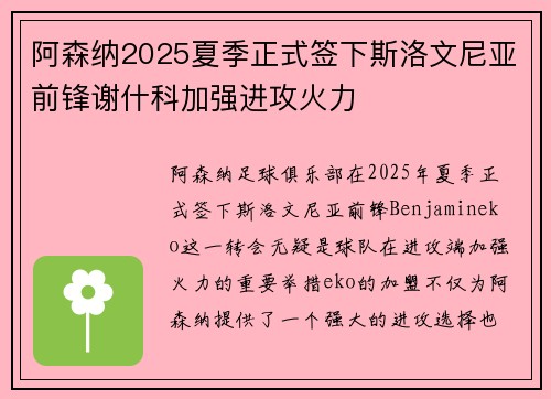 阿森纳2025夏季正式签下斯洛文尼亚前锋谢什科加强进攻火力
